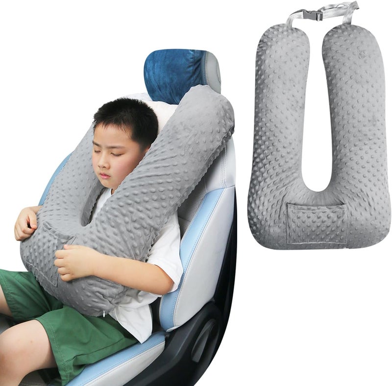 Cococu Travel Pillow for Kids & Adults, Car Pillow for Back Seat, Sleeping Support Cushion for Long Road Trips, Toddler Carseat Pillow with Removable & Washable Cover, Grey - Image 1
